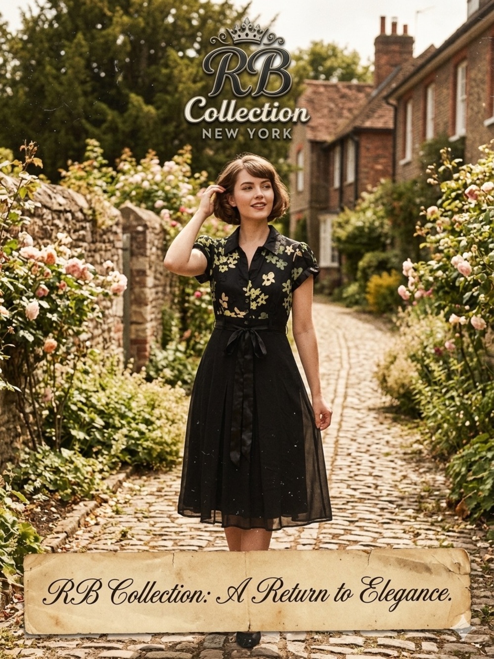 Vintage Black Floral Fit-and-Flare Dress